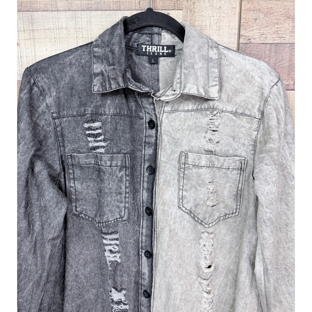 Thrill Jeans Distressed Split Large Denim Shirt Acid Wash Raw Hem Grunge Y2K - Picture 2 of 12